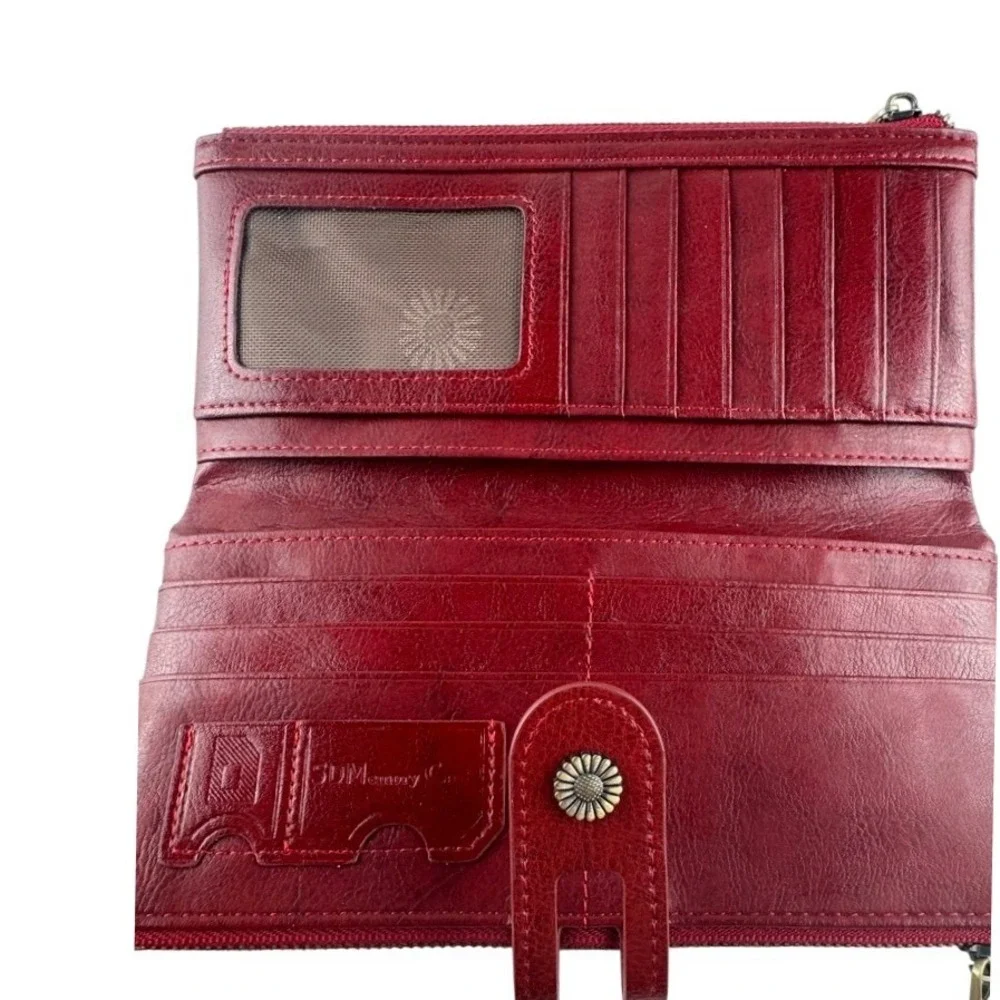 Sendefn Red Vegan Leather‎ Bifold Clutch Wallet Sunflower Snap Bronze Zip Large